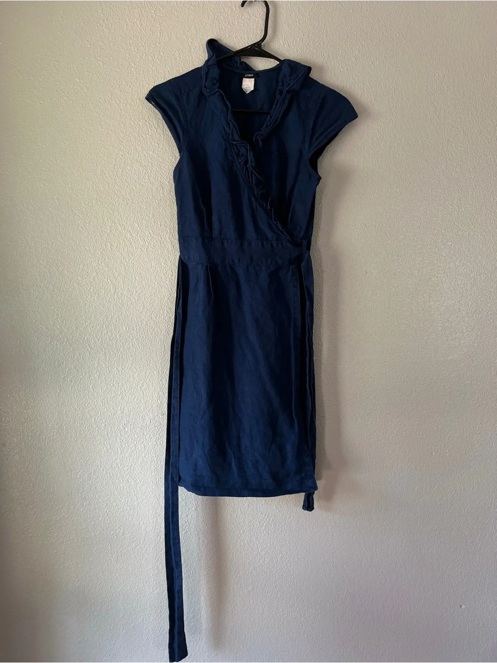 J. Crew 100% linen Navy Ruffle-Trim Wrap Dress